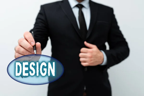Sign displaying Design. Concept meaning plan drawing produced to show look function or workings of building Presenting New Plans And Ideas Demonstrating Planning Process — Stock Photo, Image