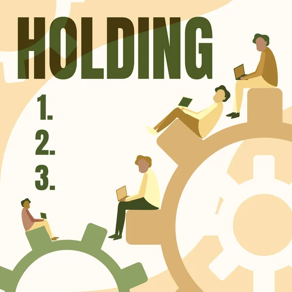 Text caption presenting Holding. Concept meaning stocks property and other financial assets in someone s is possession Four Teammates Drawing Sitting Gears Using Laptop Showing Progress. — Stock Photo, Image