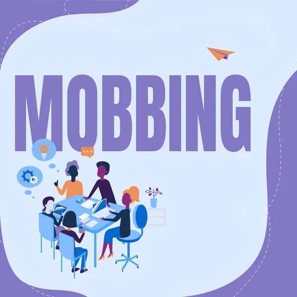 Conceptual caption Mobbing. Word for Bulling of individual specially at work Emotional abuse Stress Entering Office Worksheet Data, Listing Registered Online Members — Stock Photo, Image