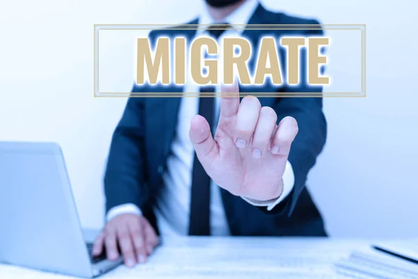 Inspiration showing sign Migrate. Business overview to move or travel from one country place or locality to another Remote Office Work Online Presenting Communication Technology — Stock Photo, Image