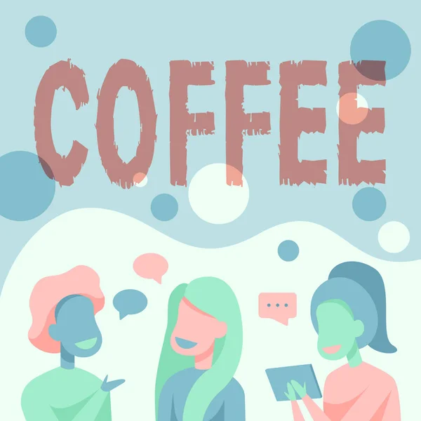 Inspiration zeigt Zeichen von Kaffee. Geschäftsidee Heißgetränk aus den gerösteten und gemahlenen Samen eines tropischen Strauches Glückliche Freunde, die miteinander ins Gespräch kommen. — Stockfoto