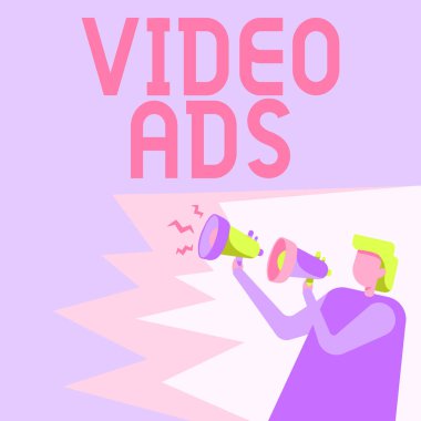 Video ilanları gösteren bir ilham kaynağı. İnternet Konsepti, izleyiciyi video içeriği reklamcısı, elinde yeni bir duyuru yapan bir çift Megafon çizen iş adamı biçiminde bağlar..