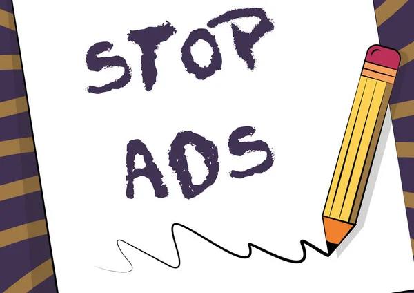 Inspiração mostrando sinal Stop Ads. Programa de conceito de negócios que removerá diferentes tipos de publicidade do desenho de lápis da Web no topo da folha de papel Scribble Drawing Line. — Fotografia de Stock