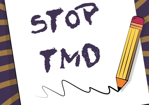 Exibição conceitual Stop Tmd. Visão geral do negócio Prevenir o distúrbio ou problema que afeta os músculos da mastigação Desenho a lápis no topo da folha de papel Scribble Drawing Line. — Fotografia de Stock