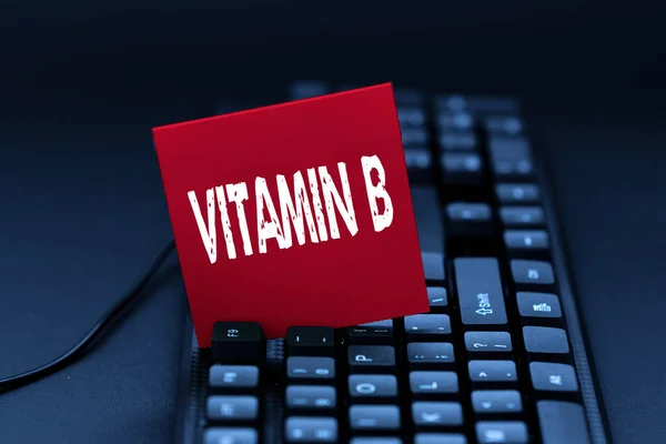 Текстовый знак с витамином В Бизнес-подход питательный, который помогает сохранить нерв и клетки крови здоровыми Ввод важной информации в Интернете, набрав смешной блог в Интернете — стоковое фото