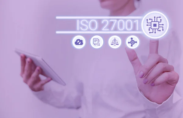 Sign displaying Iso 27001. Word Written on specification for an information security management system Lady Holding Tablet Pressing On Virtual Button Showing Futuristic Tech. — Stock Photo, Image