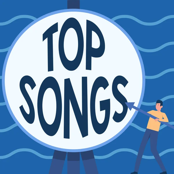 Schreiben von Text Top Songs. Konzept bedeutet aufgezeichnete Songs, die allgemein populär oder bekannt werden Man Standing Holding Large Arrow Pointing To Big Circular Target. — Stockfoto