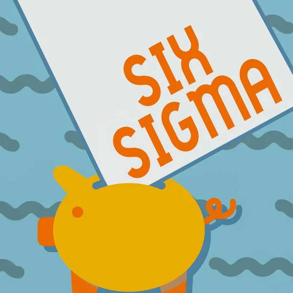 Handschrifttekst Six Sigma. Internet Concept set van beheerstechnieken bedoeld om het bedrijfsproces te verbeteren Piggy Bank Drawing With Large Sheet Of Paper Stuck In The Hole. — Stockfoto