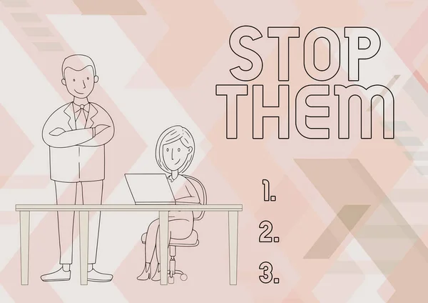 Handskrift skylt Stoppa dem. Internet Concept som används för att säga till någon att inte göra något som de gör Man stående Crossed Arms Titta på Sitting Woman Använda laptop. — Stockfoto