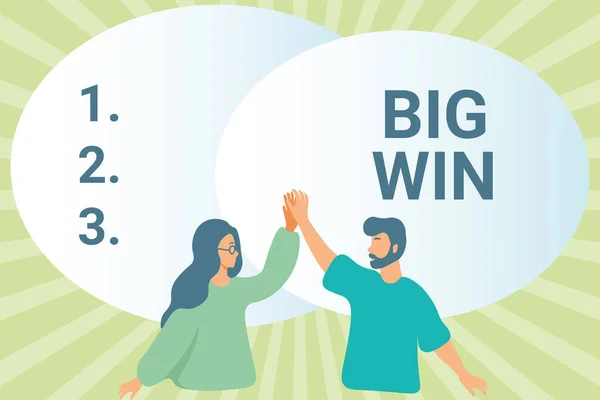 Fogalmi bemutató Big Win. Koncepció jelentése, miután megnyerte a fontos díjat Pénzt nyert a siker egy játék Happy Colleagues Illustration Adva pacsit egymásnak. — Stock Fotó