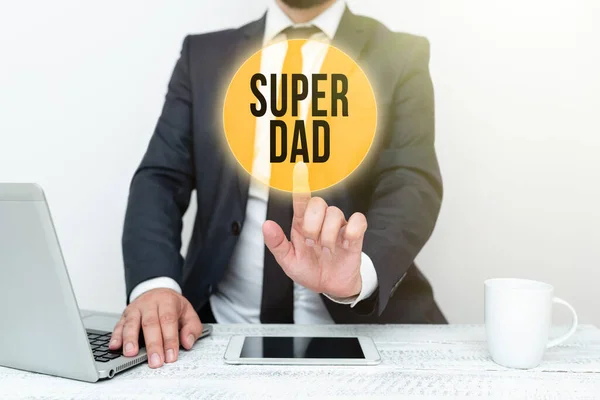 Inspiration showing sign Super Dad. Conceptual photo Children idol and super hero an inspiration to look upon to Remote Office Work Online Smartphone Voice And Video Calling — Stock Photo, Image