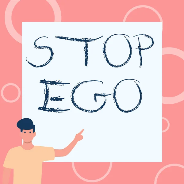 Konceptvisning Stop Ego. Internet Concept Styr din besatthet om ett beslut eller en händelse eller något Gentleman Ritning Stående Peka Finger In Blank Whiteboard. — Stockfoto