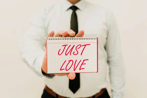 Kézírás jel Just Love. Üzleti koncepció, hogy fizikailag érdeklődik valaki iránt Érzelmi kötődés Új tervek és ötletek bemutatása Bemutató tervezési folyamat — Stock Fotó