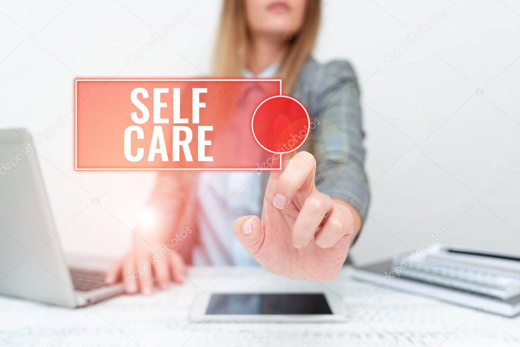 Conceptual display Self Care. Word for practice of taking action preserve or improve ones own health Architect Interviewing Client, Reporther Gathering Important Informations