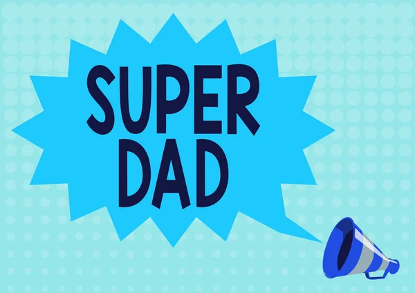 Conceptuele weergave Super Dad. Zakelijk concept Kinderidool en superheld een inspiratie om naar Illustratie van een Spiky Chat Cloud te kijken Aangekondigd door een Megafoon. — Stockfoto