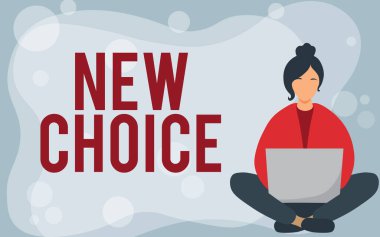 El yazısı işareti Yeni Seçim. İş dünyası vitrininde bir sürü seçenek var ve Laptop Gevşemesini Gösterirken çapraz bacaklı genç bayan arasında bir seçim daha ekleniyor..