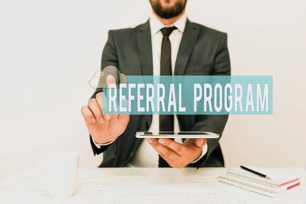 Text caption presenting Referral Program. Business idea internal recruitment method employed by organizations Presenting Communication Technology Smartphone Voice And Video Calling — Stock Photo, Image