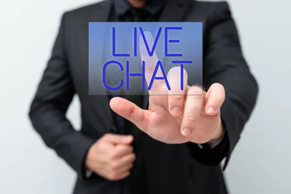 Textskylt med Live Chat. Ord för samtal med vän eller någon via internet och PC-telefon Presentera nya planer och idéer Demonstrera Planeringsprocessen — Stockfoto