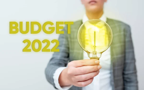 Handschrift Budget 2022. Woord Geschreven op schatting van inkomsten en uitgaven voor volgend of lopende jaar Lady in business outfit holding lamp presenteren van nieuwe technologie ideeën — Stockfoto