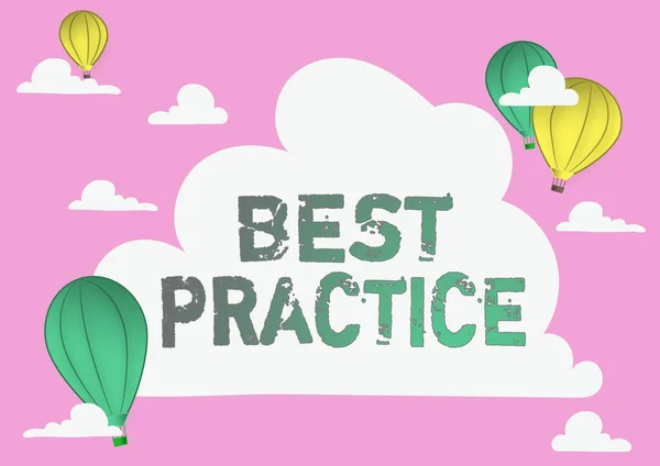 Handwriting text Best Practice. Word for commercial procedures that are accepted prescribed being correct Hotair Balloon Illustration Flying Clouds Reaching New Destinations — Stock Photo, Image