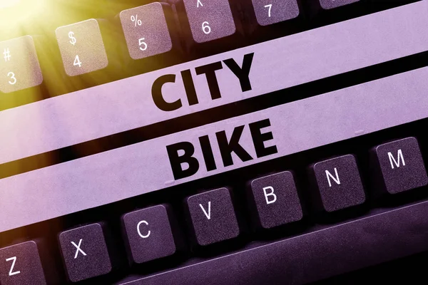 Exhibición conceptual City Bike. Word Written on designed for regular short rides through equally flat urban areas Typing Daily Reminder Notes, Creating Online Writing Presentation — Foto de Stock