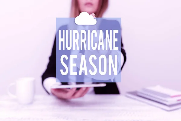 Текстовый знак, показывающий сезон ураганов. Концепция означает время, когда большинство тропических циклонов, как ожидается, будет развиваться Представление корпоративных бизнес-данных, обсуждая проблемы компании — стоковое фото
