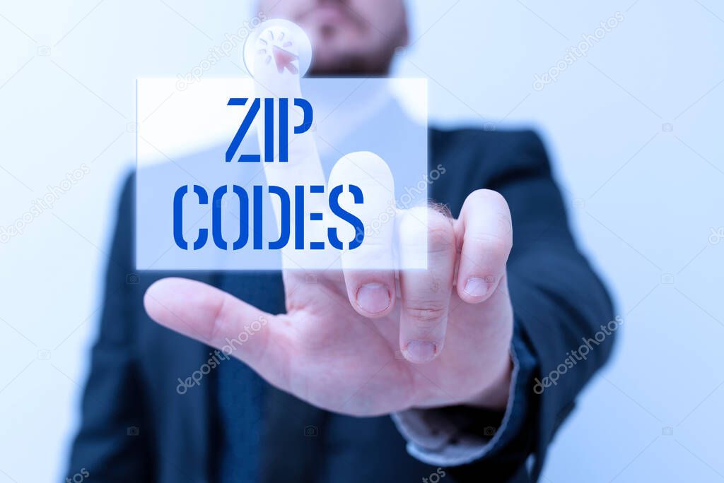 Text caption presenting Zip Codes. Word Written on numbers added to a postal address to assist the sorting of mail Presenting New Plans And Ideas Demonstrating Planning Process
