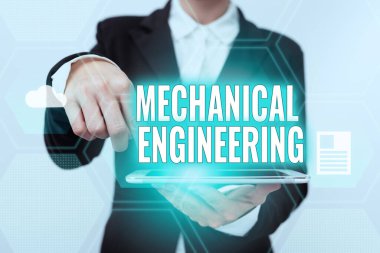 Makine Mühendisliği işaretini gösteren ilham. Tasarım İmalat Kullanımıyla ilgili kavramsal fotoğraf anlaşmaları. Makina Kadın Takım Elbiseli Tableti Göstererek Geleceği Gösteren Grafik Arayüzü.