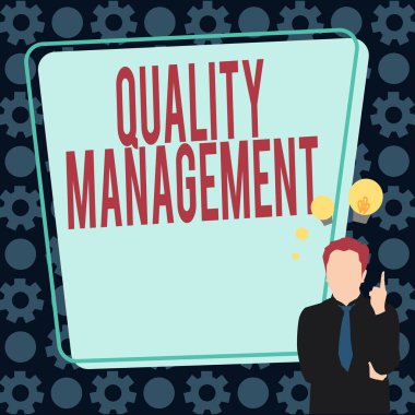 El yazısı İşareti Kalite Yönetimi. İş Fikri: Mükemmellik Seviyesi Yüksek Standart Ürün Hizmetleri İllüzyonunu Korumak Yeni Harika Fikirlerle Gelen Bir İşadamı.