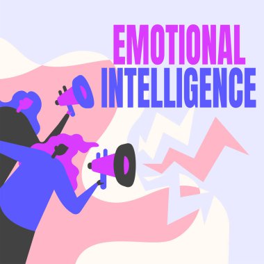 İlham, duygusal zekayı gösteriyor. Kişisel ve Sosyal Farkındalık Sözcüğü İlişkileri Halka Açıklama Yapan Kadınlar Megafon Çiziyor.