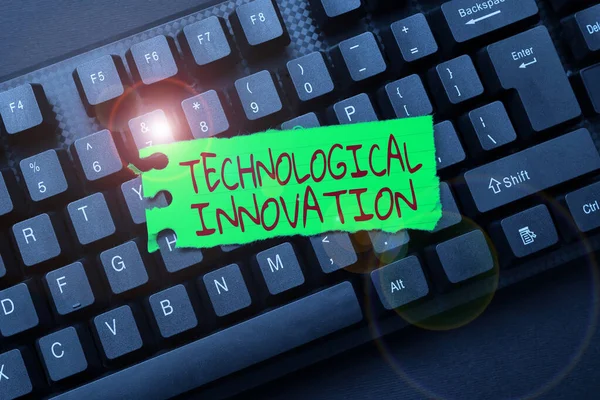 Text showing inspiration Technological Innovation. Concept meaning New Invention from technical Knowledge of Product Creating Computer Programming Services, Typing New Worksheet Data — Stock Photo, Image