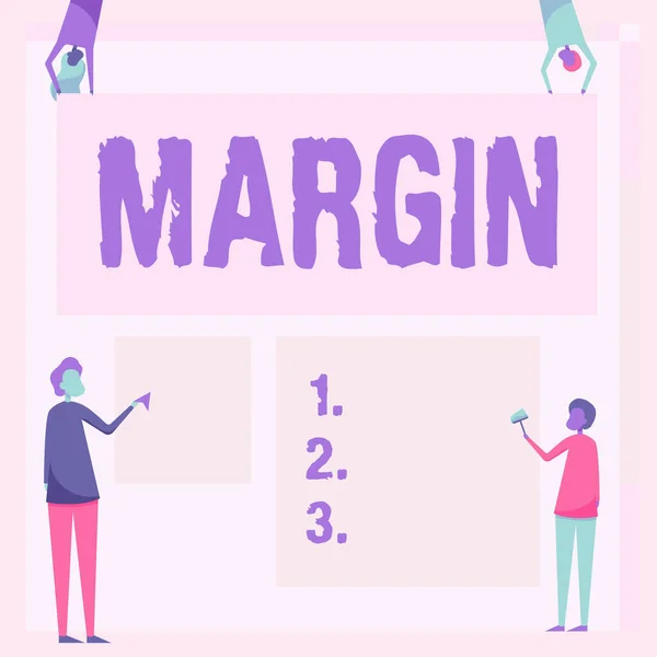Inspiracja ukazująca znak Margines. Koncepcja oznacza kwotę, o którą przychody ze sprzedaży przewyższają koszty w przedsiębiorstwie Czterej koledzy Rysunek Stojący Holding Different Sized Blank Sheet. — Zdjęcie stockowe