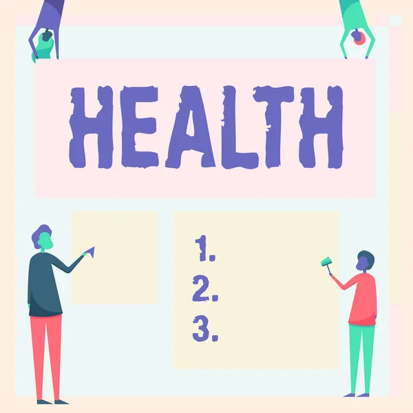 展示健康的标志。身体的概念、意义及无疾病的程度四个同事手握不同尺寸的白纸站立. — 图库照片