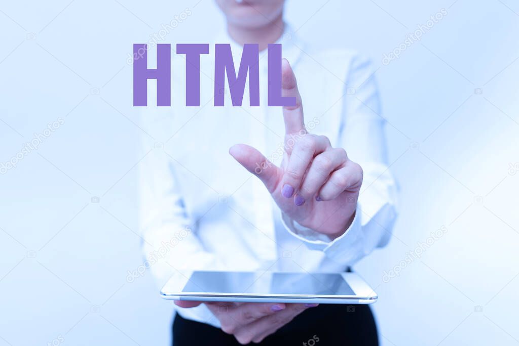 Text sign showing Html. Concept meaning the lingua franca for publishing hypertext on the World Wide Web Presenting New Technology Ideas Discussing Technological Improvement