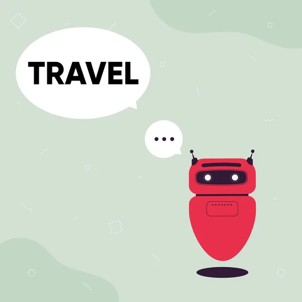 Scrittura visualizzazione del testo Viaggio. Business concept il movimento di mostrare tra le posizioni geografiche lontane Illustrazione di carino galleggiante robot Raccontare informazioni in una Chat Cloud. — Foto Stock