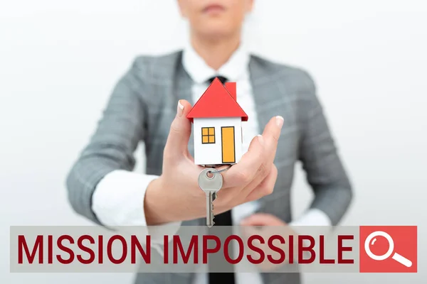 Conceptual caption Mission Impossible. Word Written on Difficult Dangerous Assignment Isolated Unimaginable Task Allocating Savings To Buy New Property, Saving Money To Build House — Stock Photo, Image
