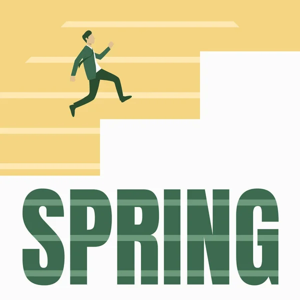 Writing displaying text Spring. Business approach the season after winter in which vegetation begins to appear Gentleman In Suit Running Upwards On A Large Stair Steps Showing Progress. — Stock Photo, Image