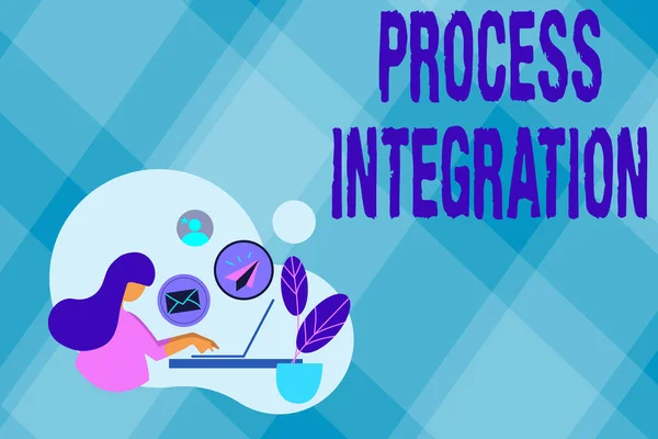 インスピレーションを示すテキストプロセス統合。ビジネスでは、システムサービスと情報の接続性が紹介されています。 — ストック写真
