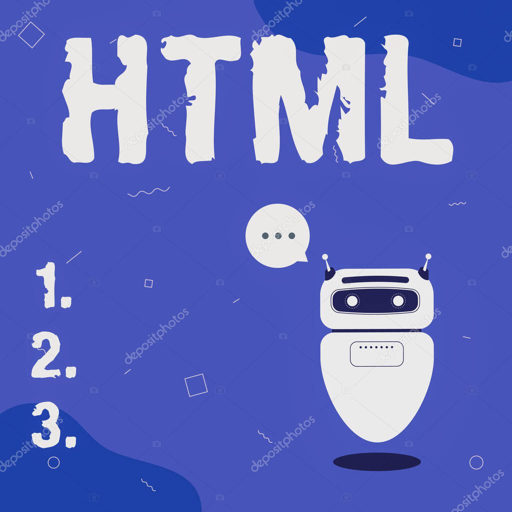 Conceptual display Html. Business showcase the lingua franca for publishing hypertext on the World Wide Web Illustration Of Cute Floating Robot Telling Information In A Chat Cloud.