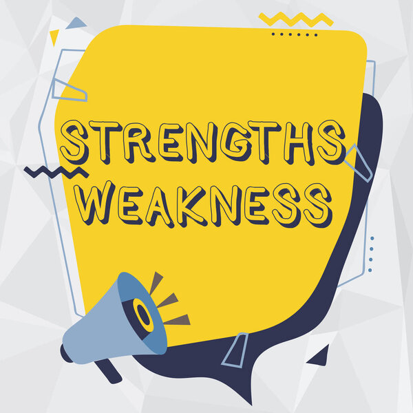 Text sign showing Strengths Weakness. Concept meaning Opportunity and Threat Analysis Positive and Negative Megaphone Drawing Making New Announcement To Chat Cloud.