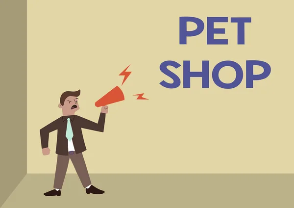 Handwriting text Pet Shop. Business concept Retail business that sells different kinds of animals to the public Man Standing Shouting Over Megaphone Presenting New Announcment. — Stock Photo, Image