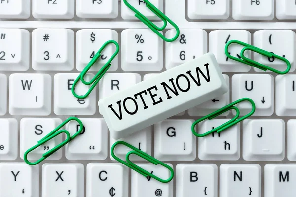 Text showing inspiration Vote Now. Word Written on formal indication of choice between two or more courses of action Transcribing Online Voice Recordings, Typing And Recording Important Notes — Stock Photo, Image