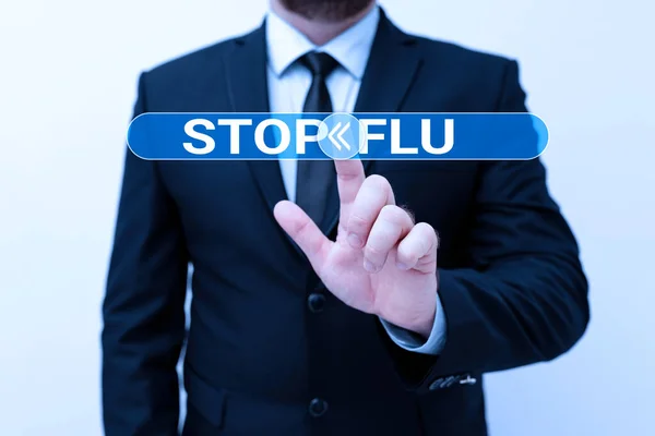 Megállítjuk az influenzát. Üzleti ötlet Kezelje az influenzavírus által okozott fertőző légzőszervi betegséget Új tervek és ötletek bemutatása Bemutató tervezési folyamat — Stock Fotó