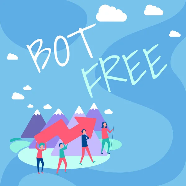 Rukopis Bot Free. Obchodní koncept počítačový program, který pracuje automaticky Internet roboti Čtyři kolegové Ilustrace Horolezectví Mountain Holding Velká šipka. — Stock fotografie