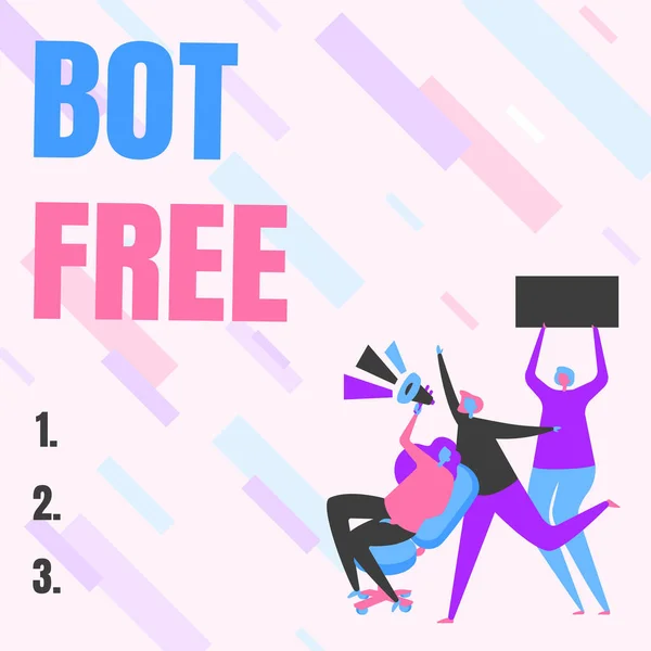 Tekst pisma Bot Free. Conceptual photo program komputerowy, który działa automatycznie roboty internetowe Kobieta Rysowanie siedzi Holding Megaphone Dokonywanie ogłoszenia. — Zdjęcie stockowe