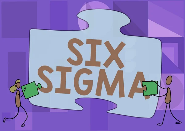 Firma che mostra Six Sigma. Internet Concetto insieme di tecniche di gestione volte a migliorare il processo di business Colleghi Disegno Montaggio di due pezzi di puzzle insieme Lavoro di squadra. — Foto Stock