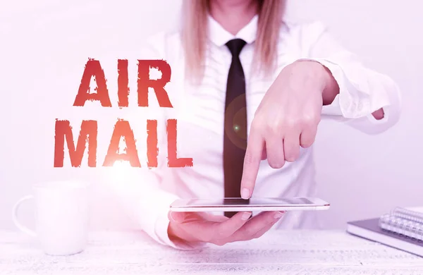 Skriva och visa text Air Mail. Företag närma påsar med brev och paket som transporteras av flygplan Utvecklare Diskutera Gadget Upgrade, Presentera tekniska specifikationer — Stockfoto