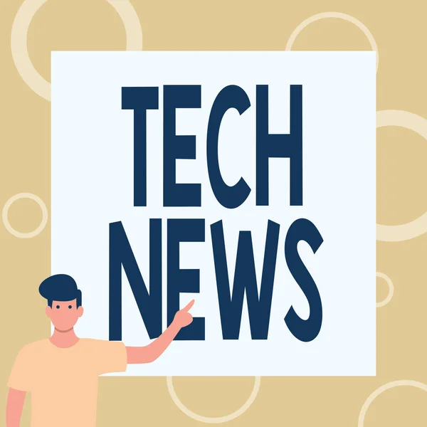 Podpis wyświetlający Tech News. Słowo na nowo otrzymane lub godne uwagi informacje na temat technologii Dżentelmen Rysunek Stojący palec w białej tablicy. — Zdjęcie stockowe