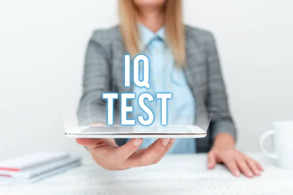 Sign displaying Iq Test. Word for attempt to measure your cognitive ability Assess human intelligence Tech Guru Selling Newly Developed Device, Teacher Confiscating The Phone — Stock Photo, Image