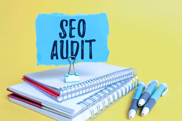 Texto que presenta Seo Audit. Idea de negocio Motor de búsqueda Optimización proceso de validación y verificación Idea colorida Presentación Mostrando pensamientos frescos Envío de mensajes —  Fotos de Stock